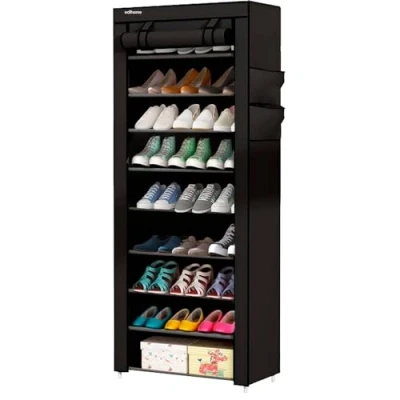 Afbeelding van edihome, Schoenenkast van stof, 9 niveaus, met buitenhoes ritssluiting, voor schoenen en schoenen, zwart, 58 x 28 162 cm