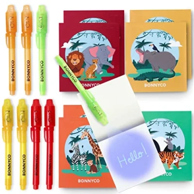 Afbeelding van Onzichtbare inktpennen en notitieboek, set met 8 jungledieren BONNYCO kleine verjaardagscadeaus voor jongens meisjes cadeau verjaardag, kinderen, piñata speelgoed verjaardag jungle