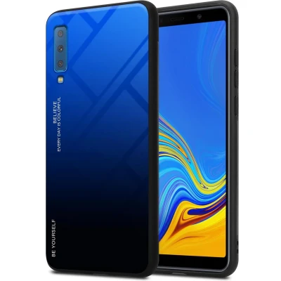 Afbeelding van Cadorabo Hoesje geschikt voor Samsung Galaxy A7 2018 in BLAUW ZWART Tweekleurige beschermhoes van TPU silicone Case Cover en achterzijde gehard glas
