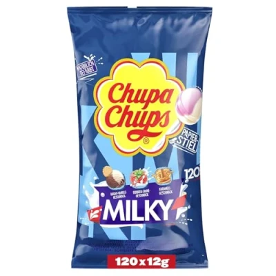 Afbeelding van Chupa Chups 120 stuks Milky lolly&#039;s met in 3 romige smaken cacao vanille, karamel en aardbeicrème voor Halloween, x 12 g