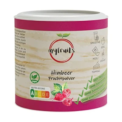 Afbeelding van myfruits Frambozenpoeder zonder additieven, 100% frambozen, gevriesdroogd, fruitpoeder voor smoothie, shakes en yoghurt (70 g)