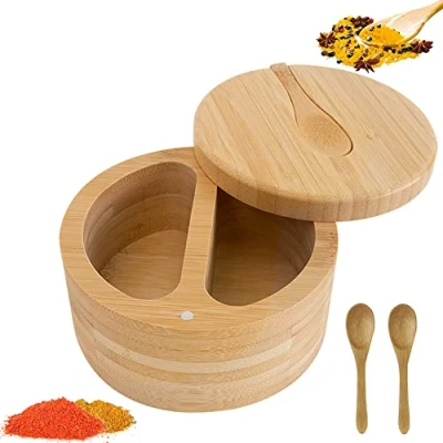 Afbeelding van Zoutbox met 2 vakken magnetisch draaideksel en 3 kleine houten lepels, kruidenpotje voor de keuken, specerijen, kruiden, peper of voorwerpen