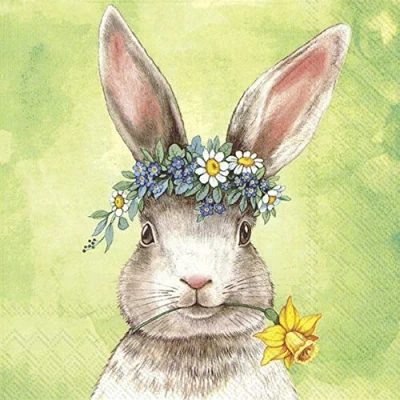 Afbeelding van Servietten Ostern Set van 20 servetten in de vorm een haas met bloemenkrans en narzissenkrans voor Pasen, 33 x cm