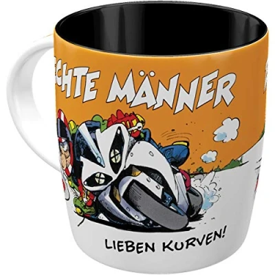 Afbeelding van Nostalgic Art MOTOmania Retro koffiemok 330 ml echte mannen houden van rondingen! cadeau idee voor motorrijders, keramische mok, vintage design met Duitse spreuk