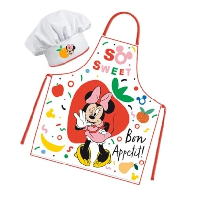 Afbeelding van Sorrisini Keukenschort voor kinderen, schort verstelbare koksmuts, kokskoksschort koken, bakken, schilderen, 3 8 jaar Minnie Mouse, Rood