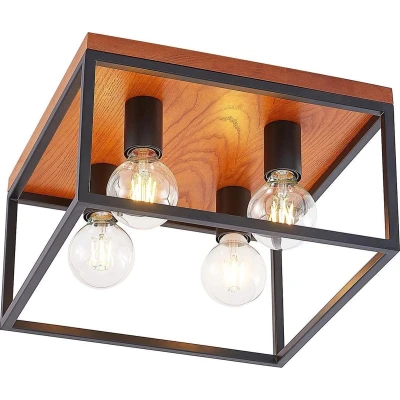 Afbeelding van Lindby plafondlamp 4lichts staal, eikenhout H: 22.5 cm E27 eiken, zwart