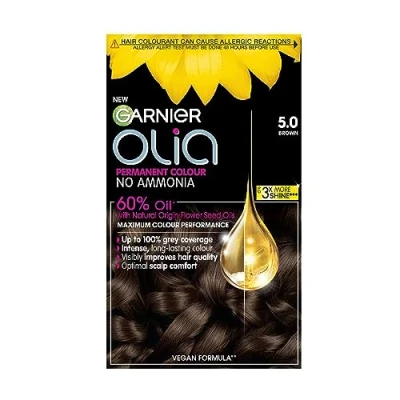 Afbeelding van Garnier Olia Permanente haarverf, dekt tot 100% van het witte haar, ammoniakvrij, 60% oliën, bruin 5.0