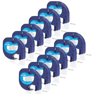 Afbeelding van Doree 12 stuks kunststof labeltape, mm x 4 m, zwart op wit, zeer waterdicht kunststof, compatibel met Dymo Letratag LT 100H, 100T, XR, 200B,