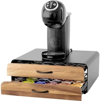 Afbeelding van Capsulehouder met Lade Koffiecups houder Geschikt voor Dolce Gusto 72 Cups RVS Zwart Bamboe Hout