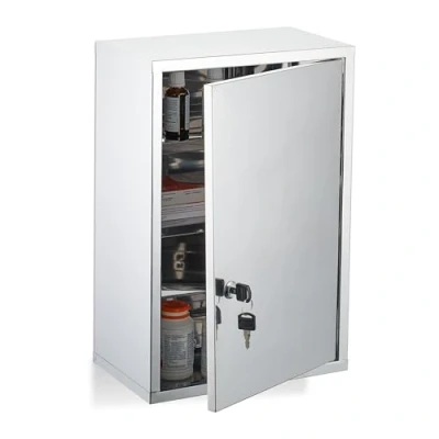 Afbeelding van medicijnkastje met slot 3 vakken 45x30x18 cm glanzend rvs hangend