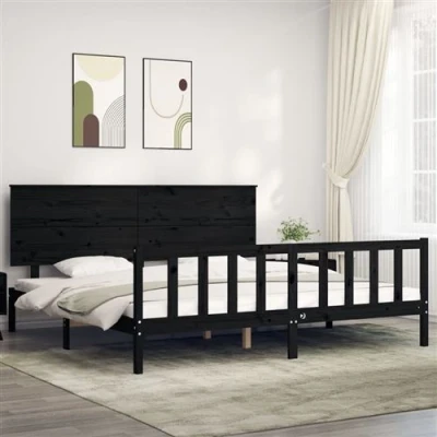 Image de vidaXL Cadre de lit avec tête noir 200x200 cm bois massif