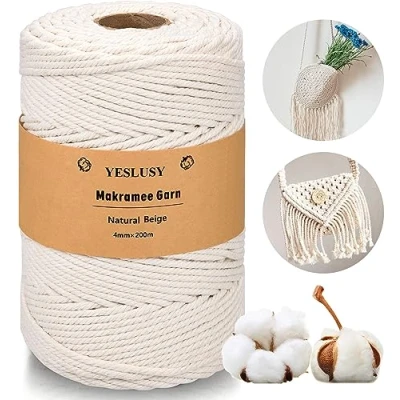 Afbeelding van YESLUSY Macramégaren van hoogwaardig natuurlijk katoen, 4 mm x 200 m, perfect voor knutselen, hangplanten, boho decoratie, ophanging, plantenhangers