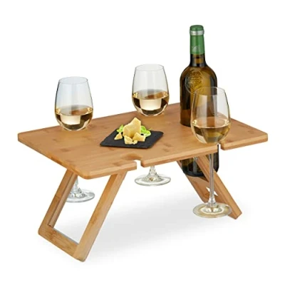 Afbeelding van Relaxdays Picknick opvouwbare wijntafel, HBT: 20 x 40 30 cm, 4 wijnglazen en 1 fles, bamboe wijnschaal, natuurlijk
