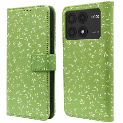 Afbeelding van iMoshion Hoesje Geschikt voor Xiaomi Poco X6 Pro Met Pasjeshouder Design Bookcase smartphone Groen / Green Flowers