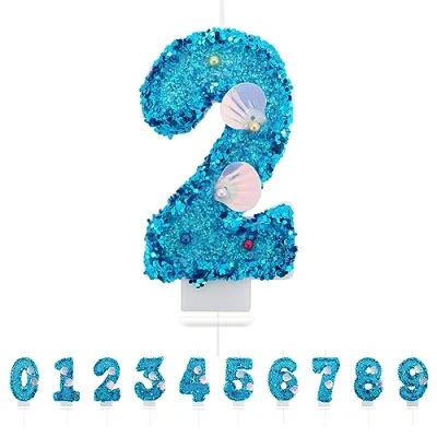 Afbeelding van Partyhausy Verjaardagskaarsen nummer 2,3D, blauw, kaars, 2, zeemeermin decoratie, verjaardagstaart, topper, voor kinderen, volwassenen