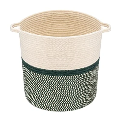 Afbeelding van Navaris katoenen touwmand met handvatten 45 cm diameter x 38 hoogte opbergmand voor wasgoed, dekens Donkergroen/gebroken wit