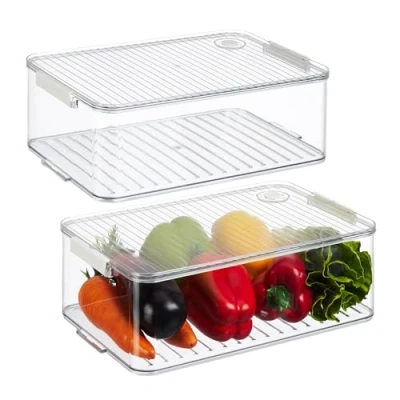 Afbeelding van Relaxdays koelkast organizer set van 2 frigobakjes met deksel kunststof datumwiel