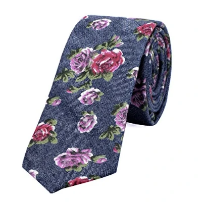 Afbeelding van DonDon stropdas heren 6 cm katoen effen geruit en gemêleerd stippen, Jeans Blauw met Bloemen