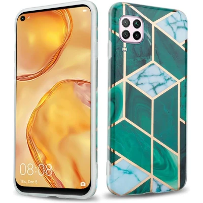 Afbeelding van Cadorabo Hoesje geschikt voor Huawei NOVA 6 SE / P40 LITE 7i in Donkergroen Wit Goud Marmer No. Beschermhoes gemaakt van TPU siliconen Case Cover met mozaïek motief
