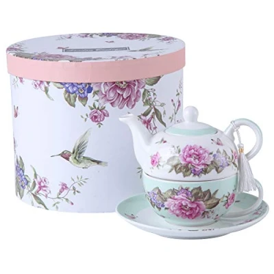 Afbeelding van London Boutique Tea for One Shaby Chic Flora theepot, mok en suacer set, vogel, roze, vlinder, porseleinen geschenkdoos (blauwgroen)