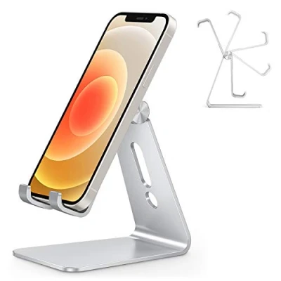 Afbeelding van Telefoonstandaardhouder verstelbaar, OMOTON volledig aluminium bureautelefoonstandaard Dock Cradle voor filmen, aangepast aan iPhone 12 Pro, 11 Pro Max XR 8 Samsung Google Pixel en meer, zilver