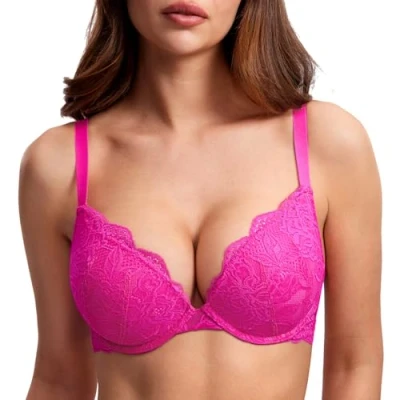 Afbeelding van DOBREVA Dames push up beha kant met beugels diep gevoerd gevormd, Roze glitter