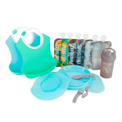 Afbeelding van Twistshake 78817 Click Mat Mini + bord, 2 slabbetjes, babydrinkfles, 6 x drinkfles, BPA vrij, blauw/groen