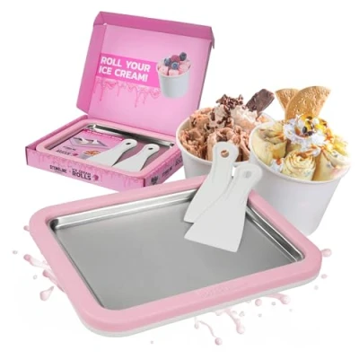 Afbeelding van STONELINE by Mr. Ice Cream Rolls Original Maker roze ijsplaat 26 x 21 3,5 cm met 2 spatels voor zelfgemaakt ijs schaal roestvrij staal ijsmachine