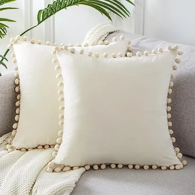 Afbeelding van kussensloop 40 x cm, set van 2 kussenslopen voor sierkussens, bankkussens met pompons, crème
