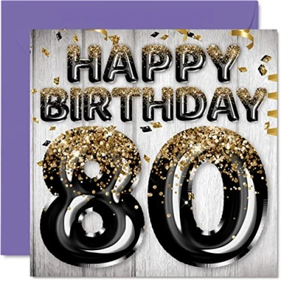 Afbeelding van Stuff4 Verjaardagskaart voor mannen Zwarte en gouden glitterballonnen Verjaardagskaarten van 80 jaar, papa, opa, oma, 145 mm x