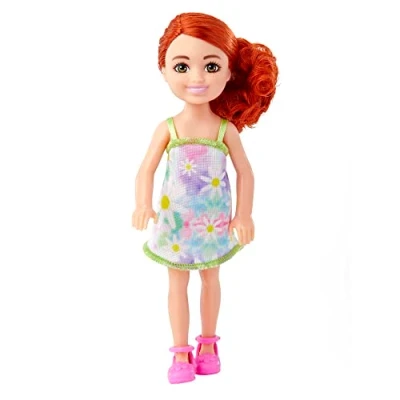 Afbeelding van Barbie Chelsea pop met bloemenjurk en afneembare schoenen, rood haar blauwe ogen, 15 cm, om te verzamelen, speelgoed voor kinderen, van 3 jaar tot 7 jaar, HNY56