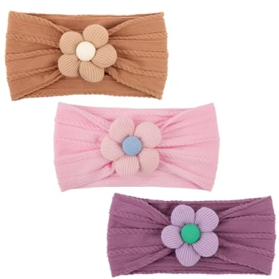 Afbeelding van DRESHOW 3 stuks rekbare nylon haarband voor meisjes, handgemaakte haaraccessoires pasgeborenen, zuigelingen en peuters, Pack Flower Style Horizontale Stripe 04