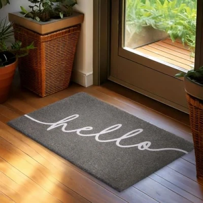 Afbeelding van BRUBAKER Hello deurmat voor buiten en binnen, 45 x 75 cm, vuilvangmat van 100% kokos, antislip voetveger, weerbestendig antislip, outdoor huisdeur, grijs