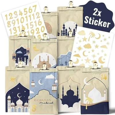 Afbeelding van AMARI ® Ramadan zakjes (30 met stickers en klemmen) kalender om te vullen kalenderzakjes knutselset tas