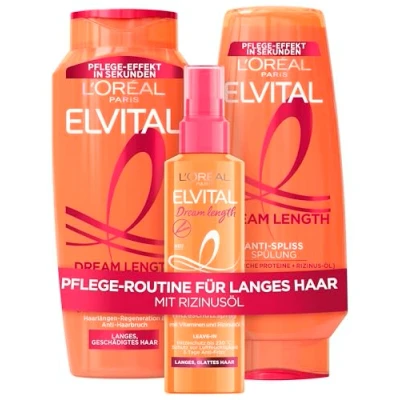 Afbeelding van L&#039;Oréal Paris Elvital Dream Length Shampoo 300 ml, conditioner 250 ml en hittebeschermingsspray 150 tegen gespleten haarpunten, met ricinusolie, vitaminen eiwitten