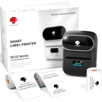 Afbeelding van Phomemo M110 Etiketprinterset, draagbare Bluetooth labelprinter, thermische labelprinter met 3 labelrollen, voor winkel, kantoor, handel