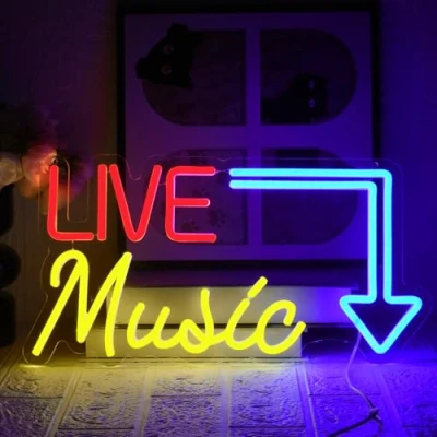 Afbeelding van Live Music neonbord, muziek, neonlicht, met schakelaar, dimbaar, USB, led, neon, letters, voor bar, stadion, nachtclub, feest