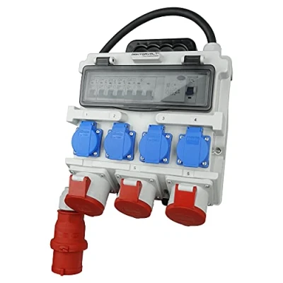 Afbeelding van Stroomverdeler FI stroomonderbreker bouwstroomverdeler wandverdeler met kabel veiligheidsklepdeksels TR S/FI 4x230V 3x400V 1x32A/2x16A dokterspanning 7266
