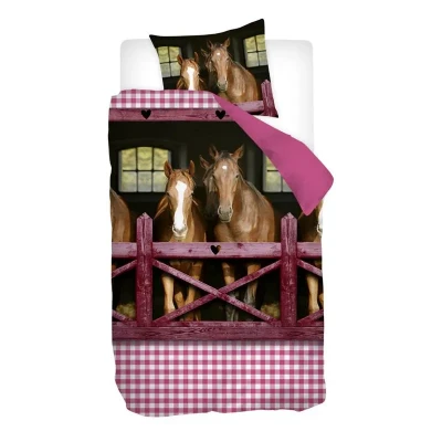 Afbeelding van Snoozing Horses Flanel Dekbedovertrek Junior 120x150 cm + 1 kussensloop 60x70 Pink