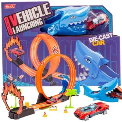 Afbeelding van sun baby Racebaan Haai 3+ launcher, circuit met gesp, racewagen, stickers afmetingen van het 128 x 24 4 cm
