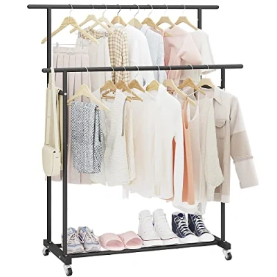 Afbeelding van Calmootey kledingrek met dubbele stang, op wielen, draagbare kledingorganizer voor slaapkamer, woonkamer, kledingwinkel, zwart