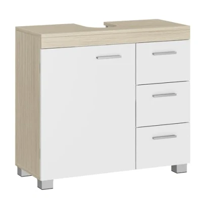 Afbeelding van VASAGLE Wastafelonderkast met 3 grote laden, badkamerkast, 2 vakken achter de deur, onderkast poten, 30 x 70 64 cm, wolkenwit/natuurbeige BBK503K01