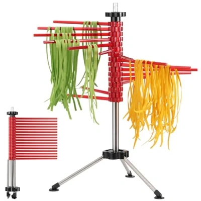 Afbeelding van Navaris pasta Droogrek Inklapbaar pastarek voor zelfgemaakte spaghetti en noedels Pastadroger met 16 armen Capaciteit tot 2 kg Rood
