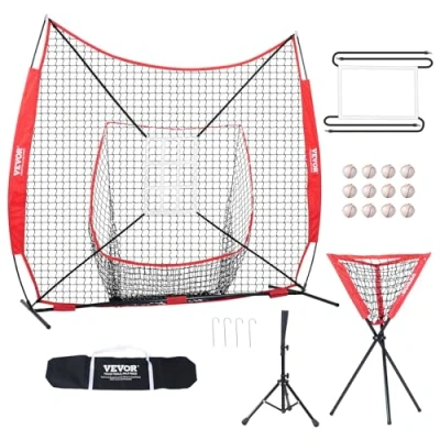 Image de VEVOR Filet d&#039;Entraînement de Baseball Softball 244x211 cm, pour Frapper, Attraper, Lancer, Équipement avec Cadre d&#039;Arc, Sac Transport, Zone Frappe, 12 Balles, Tee, Collecteur