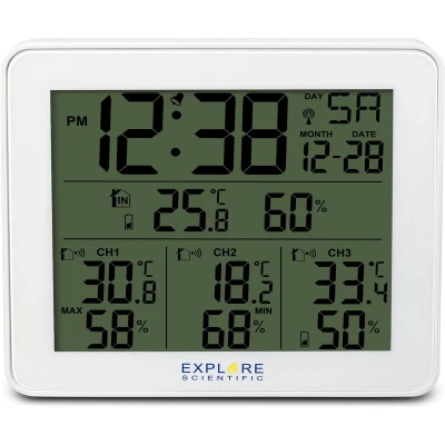 Afbeelding van Explore Scientific WSH4003 radio gestuurd digitaal weerstation Groot Display Dag aanduiding inclusief 3 temperatuursensoren Binnen en buitenthermometer buitenluchtvochtigheid Wit