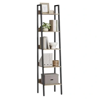 Afbeelding van VASAGLE LLS109B50V2 Smalle ladderplank met 5 niveaus voor thuiskantoor, woonkamer, slaapkamer, keuken, industrieel, camelbruin en inktzwart