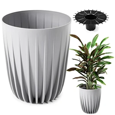 Afbeelding van Konzept 11 Bloempot, hoog, 39 cm diameter, grote pot voor buiten, balkon, bloempot met inzetstuk, grijs, palmpot