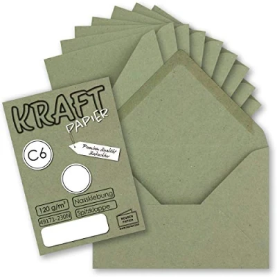 Afbeelding van 50 x kraftpapier enveloppen DIN C6, groen, 11,4 16,2 cm, zonder venster, vintage met natte plakrand