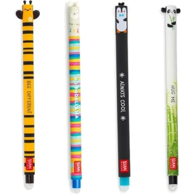 Afbeelding van LEGAMI Set van 4 uitwisbare gelpennen, bij, lama, panda en pinguïn, uitwisbaar zonder bladeren, punt 0,7 mm