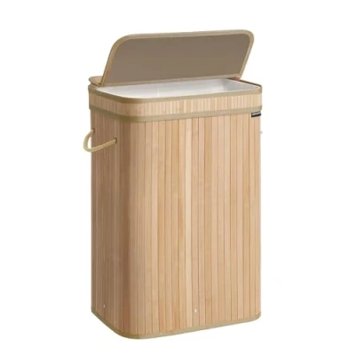 Afbeelding van SONGMICS wasmand met deksel, van bamboe, waszak afneembaar en machinewasbaar, handgrepen, 72 liter, voor bijkeuken, slaapkamer, woonkamer, natuurbeige LCB061N01
